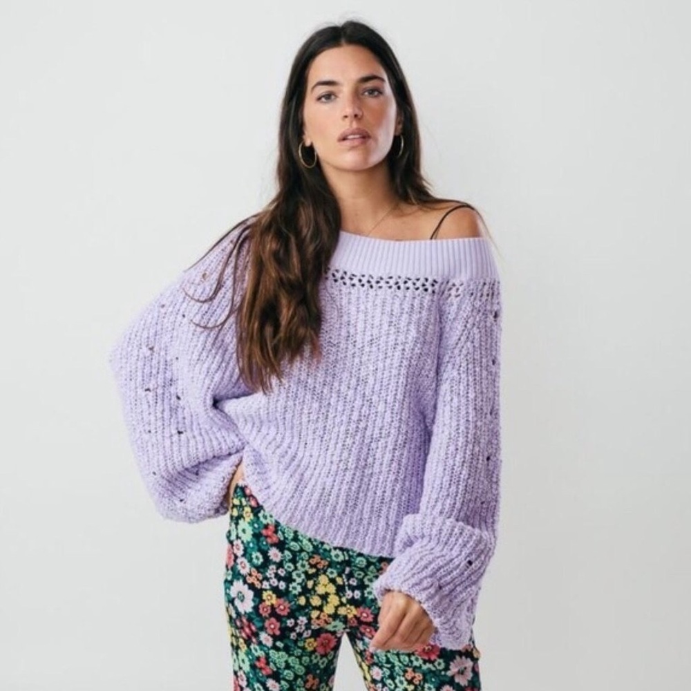 Free People Pandora’s Boat Neck Sweater Purple Oversized Slouchy Knit XS